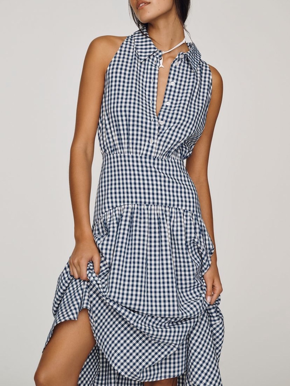 Anthropologie Navy and White Gingham One-Shoulder Maxi Dress
